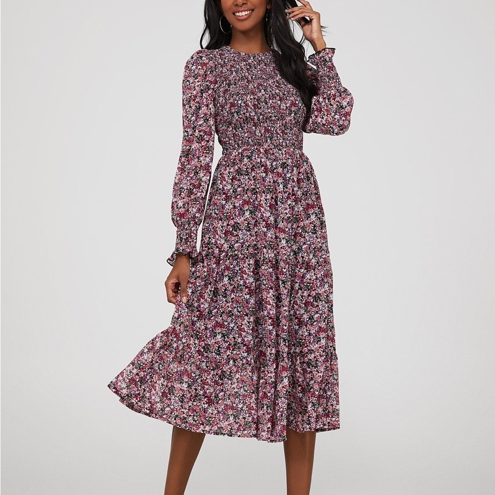 Suzy Shier floral maxi dress pink size L printed smocked fit & flare tiered hem